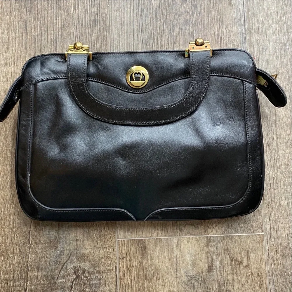 Etienne Aigner Vintage Black Leather Top Handle Satchel Gold Hardware Bag